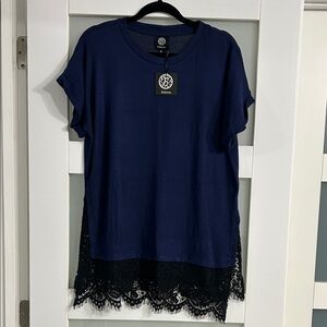 Bobeau Navy Blue Short Sleeve Top with Lace Hem